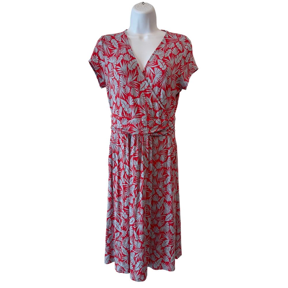 Boden Amelie Stretch Empire Dress Red Blue Palm Leaves Short Sleeve EUC